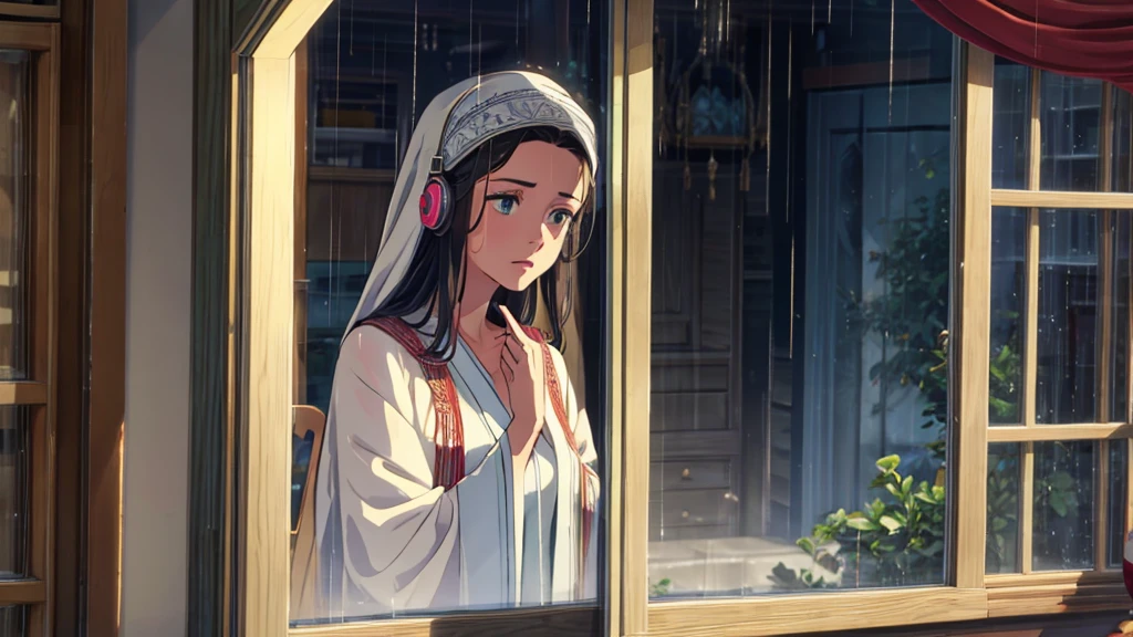 A modern depiction of a woman from the Bible, set during the time of Jesus but incorporating contemporary elements. The image is focused on her serene face, framed by a traditional biblical headscarf and robe, adorned with intricate embroidery typical of the era. She wears modern headphones, subtly blending ancient times with the present. Behind her, a window shows rain gently falling, adding a peaceful, reflective atmosphere. The combination of biblical attire, the modern accessory, and the rain-streaked window captures a timeless connection between the past and present, emphasizing her contemplative and spiritual nature