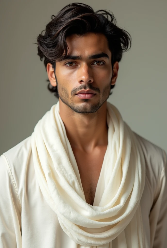 A young man,massy hair like ranbir kapoor, indian man with golden fair skin, 6 feet, lean & muscular body, with white fatua, white flowing scarf, piercing eyes honey brown very calm,broad sholder, face is oval shaped, eyebrows like darshan raval (indian singer) but thick,white color pant, pink dimples in face, rosy lips, haircutting is undergoing& massy, like Siddharth malhotra(indian actor) or Ranbir kapoor (indian actor)