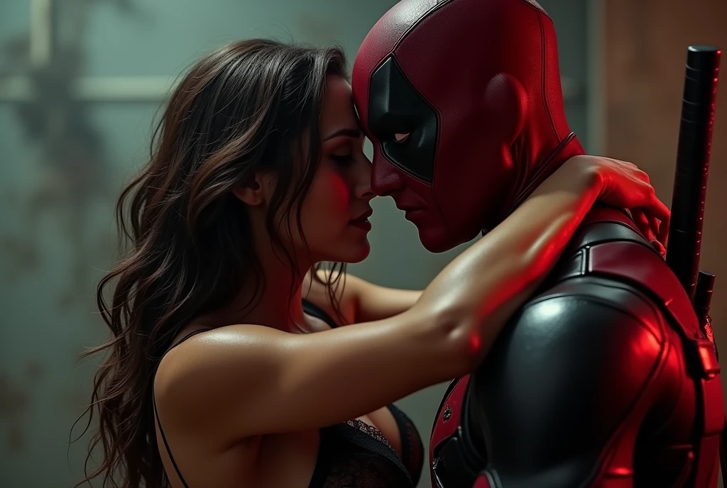 a beautiful lady deadpool in a see through lingerie, sensual embrace with a half naked male wolverine, both sweating and hot, highly detailed, cinematic lighting, photorealistic, epic, dramatic composition, (best quality,8k,highres,masterpiece:1.2),ultra-detailed,(realistic,photorealistic,photo-realistic:1.37),extremely detailed face and body, intricate details, vivid colors, dramatic shadows, warm lighting, intense atmosphere