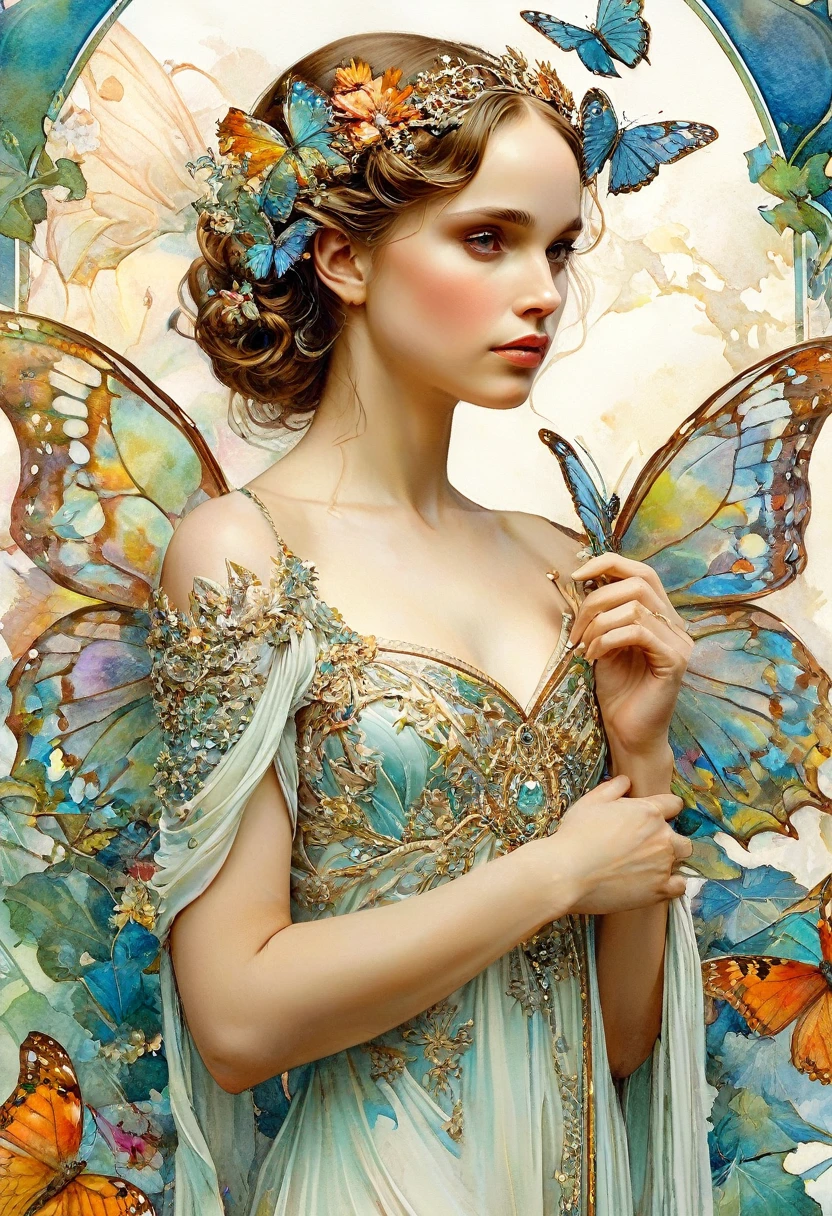 It depicts a beautiful woman with butterflies in her hair., (Natalie Portman:1.2), extremely detailed watercolor, The style of Alfons Maria Mucha and Gustav Kilmut, Art Nouveau accents, Fairy Queen, Anthropomorphic woman, Female figure, Detailed cover artwork, As the Butterfly Goddess, Alphonse Mucha, Gustav Klimt, Pale skin, Marble sculpture, society, Gothic art, Art Nouveau, Behance Contest Winner