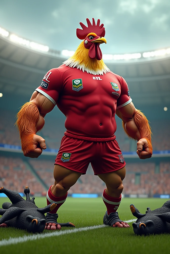 Muscular rooster dressed up in red NRL uniform standing in the rugby field with injured muscular eels dead on the ground
