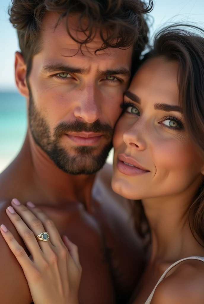 a man and a stunning natural naked brunette face with green eyes, full lips, having sex on a beautiful secluded beach
