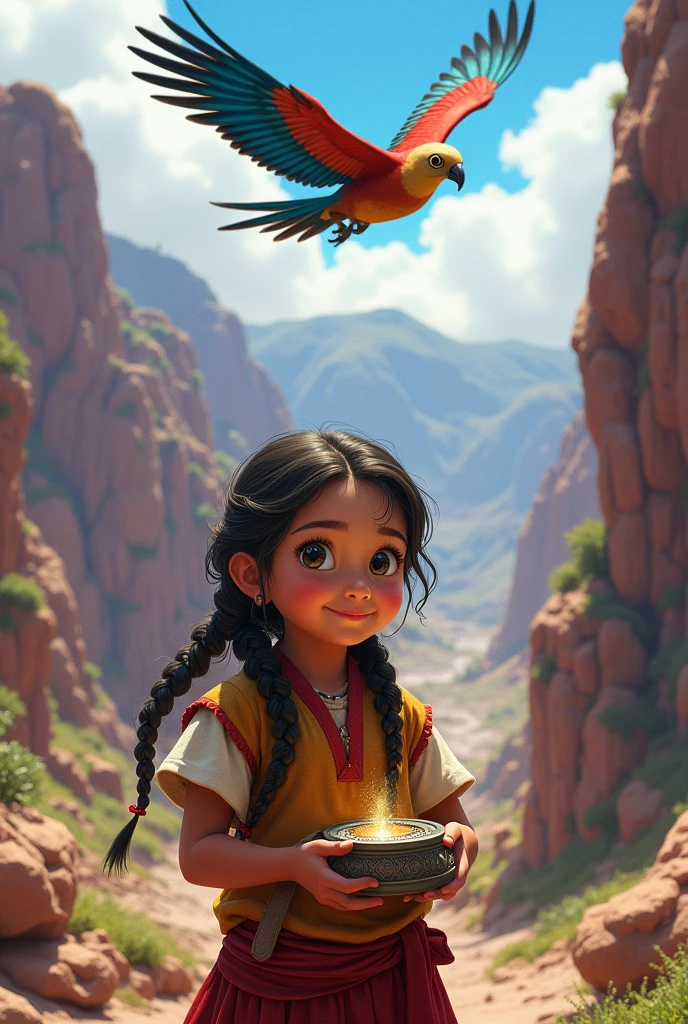 A Peruvian girl with braided hair and big eyes,happy, Colca Canyon explorer, se encuentra una antigua brújula muy emocionada y happy detrás de ella un ave gigante multicolor que vuela a lo lejos la cuida 