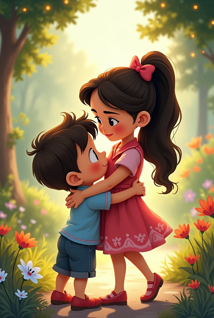 Illustrate the moment of reassurance, emphasizing the strength of their friendship of young girl and boy in Disney cartoon form