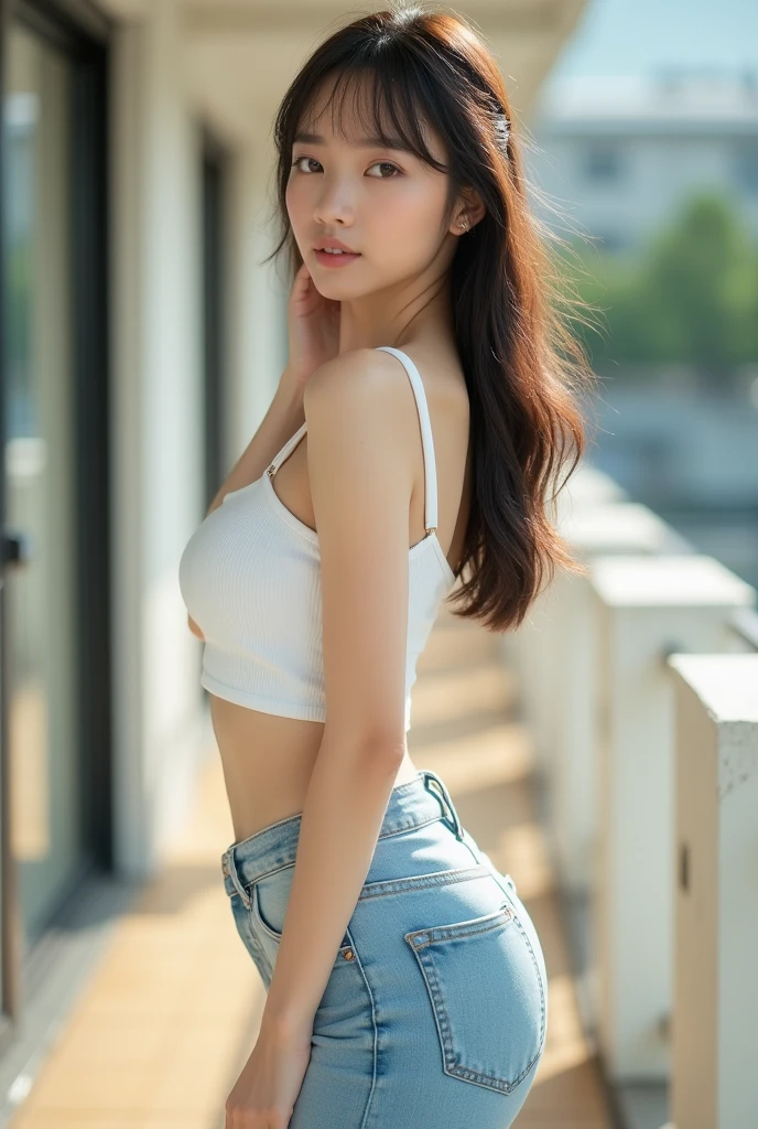 1 chica, modelo de fotografia, sonrisa, centrarse en el espectador, beautiful lighting, mejor calidad, obra maestra, ultra high resolution, Fotorrealista, pelo negro, Blusa corta negra, pantalones cortos, media larga, enormes pechos perfectos, pale skin,( fondo del atardecer:1.4)