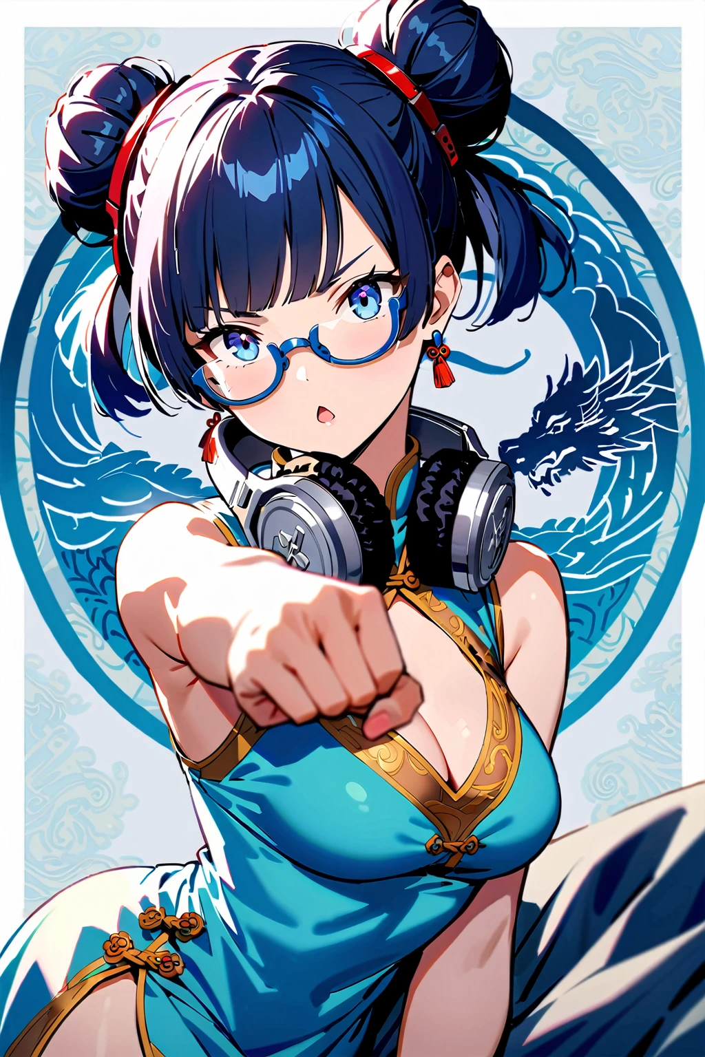 (extremely detailed fine touch:1.3), (((silver semi-rimless eyewear:1.3))), (wear silver headphones around neck:1.0), blue short hair, double bun, blunt bangs, 1girl, solo, 
kung fu pose, earring, serious, chestnut mouth, make up, bare arms, medium breasts, cleavage, extremely detailed blue beautiful Cheongsam, extremely detailed, chinese blue dragon, double happiness (Chinese ornamental symbol) background,