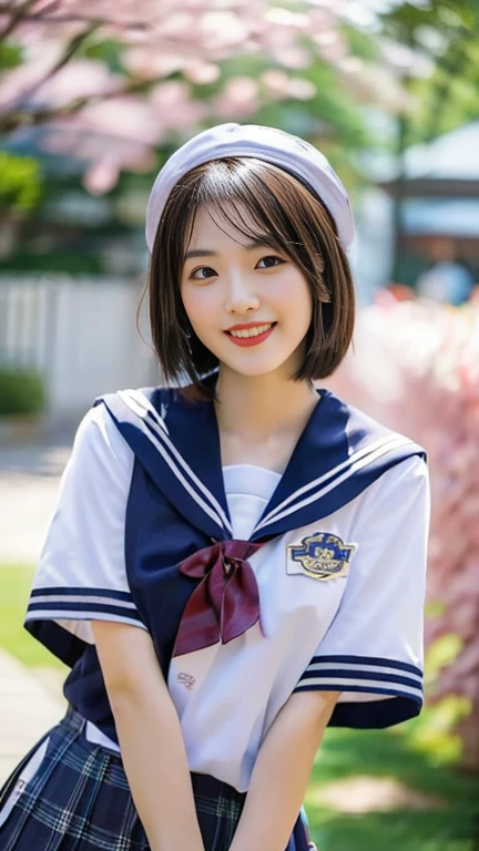 (A gorgeous Japanese lady, age 28, wearing seifuku, school uniform, sailor moon, jk uniform, high-school uniform, short shirt, plaid or pleated skirts, bowtie red ribbon, optional sailor hat, knee+high socks, at Cherry Blossom Festival, 

Easygoing expressions, kind smile, dimpled chins, cute snaggle-tooth, short bob hair, short ponytail, symmetrical face, realistic detailed face, beautiful detailed eyes, perfect body proportions, perfect body anatomy, hourglass figure, ample round bosoms, medium breasts,

Raw photo, photorealistic, realistic portrait, hyper-realism, high contrast, ultra HD, realistic skin textures, top image quality, top-quality, super high resolution, fine details, very meticulously, masterpiece, medium shot, close-up shot, cowboy shot, High Angle Shot, bokeh background, SFW, Safe For Work)