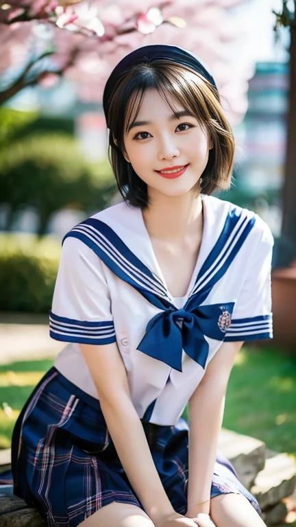 (A gorgeous Japanese lady, age 28, wearing seifuku, school uniform, sailor moon, jk uniform, high-school uniform, short shirt, plaid or pleated skirts, bowtie red ribbon, optional sailor hat, knee+high socks, at Cherry Blossom Festival, 

Easygoing expressions, kind smile, dimpled chins, cute snaggle-tooth, short bob hair, short ponytail, symmetrical face, realistic detailed face, beautiful detailed eyes, perfect body proportions, perfect body anatomy, hourglass figure, ample round bosoms, medium breasts,

Raw photo, photorealistic, realistic portrait, hyper-realism, high contrast, ultra HD, realistic skin textures, top image quality, top-quality, super high resolution, fine details, very meticulously, masterpiece, medium shot, close-up shot, cowboy shot, High Angle Shot, bokeh background, SFW, Safe For Work)