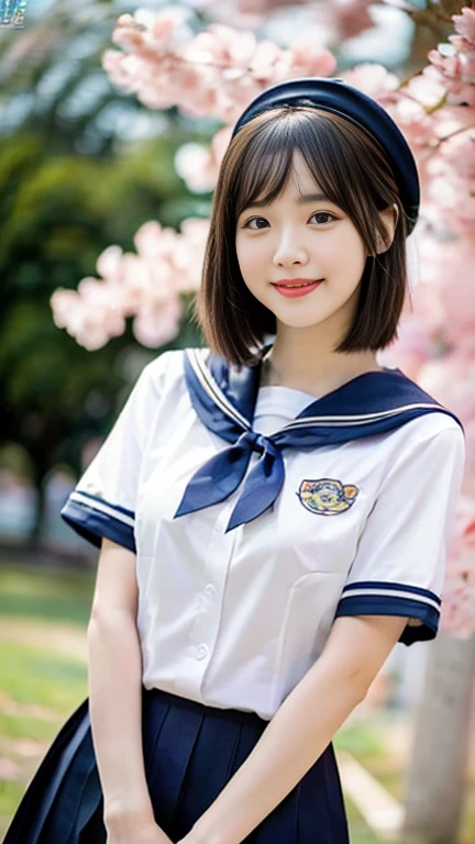 (A gorgeous Japanese lady, age 28, wearing seifuku, school uniform, sailor moon, jk uniform, high-school uniform, short shirt, plaid or pleated skirts, bowtie red ribbon, optional sailor hat, knee+high socks, at Cherry Blossom Festival, 

Easygoing expressions, kind smile, dimpled chins, cute snaggle-tooth, short bob hair, short ponytail, symmetrical face, realistic detailed face, beautiful detailed eyes, perfect body proportions, perfect body anatomy, hourglass figure, ample round bosoms, medium breasts,

Raw photo, photorealistic, realistic portrait, hyper-realism, high contrast, ultra HD, realistic skin textures, top image quality, top-quality, super high resolution, fine details, very meticulously, masterpiece, medium shot, close-up shot, cowboy shot, High Angle Shot, bokeh background, SFW, Safe For Work)