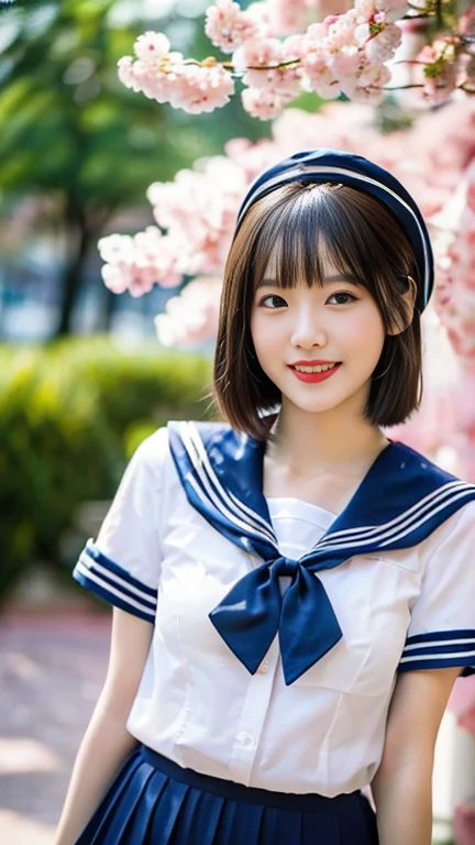 (A gorgeous Japanese lady, age 28, wearing seifuku, school uniform, sailor moon, jk uniform, high-school uniform, short shirt, plaid or pleated skirts, bowtie red ribbon, optional sailor hat, knee+high socks, at Cherry Blossom Festival, 

Easygoing expressions, kind smile, dimpled chins, cute snaggle-tooth, short bob hair, short ponytail, symmetrical face, realistic detailed face, beautiful detailed eyes, perfect body proportions, perfect body anatomy, hourglass figure, ample round bosoms, medium breasts,

Raw photo, photorealistic, realistic portrait, hyper-realism, high contrast, ultra HD, realistic skin textures, top image quality, top-quality, super high resolution, fine details, very meticulously, masterpiece, medium shot, close-up shot, cowboy shot, High Angle Shot, bokeh background, SFW, Safe For Work)