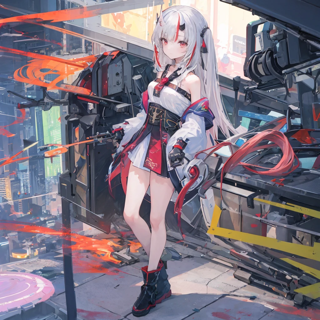 ((masterpiece, best quality)),illustration,Super Fine 8k,Reality,Clear focus,Very detailed,Professional lighting,Colorful Detailed,Extremely long shot of the rainbow-colored BREAK factory,Large machinery construction,Microchip,,Luminescence,Intricate details,u-mecha,1 girl standing in front of the audience,Umbilical cord