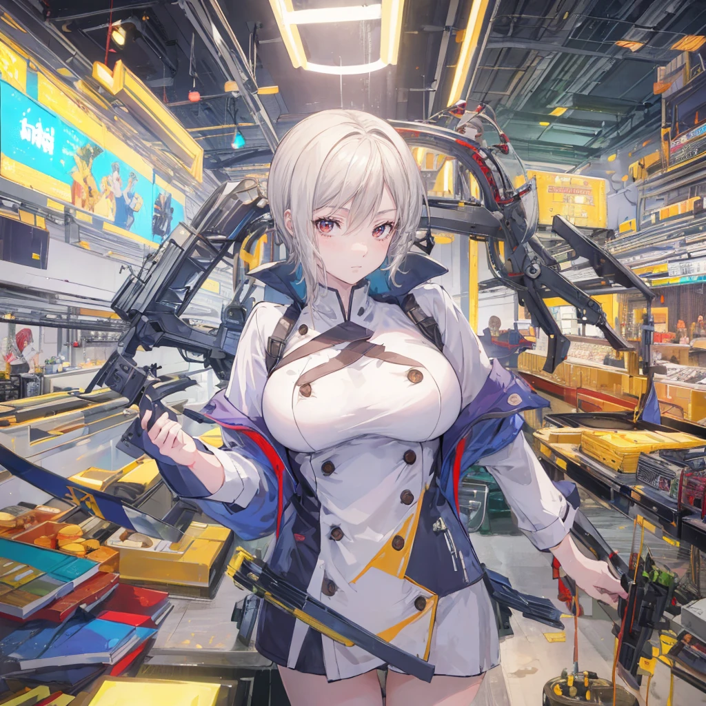 ((masterpiece, best quality)),illustration,Super Fine 8k,Reality,Clear focus,Very detailed,Professional lighting,Colorful Detailed,Extremely long shot of the rainbow-colored BREAK factory,Large machinery construction,Microchip,,Luminescence,Intricate details,Shitu-mecha,1 girl standing in front of the audience,Umbilical cord