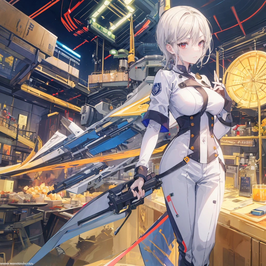 ((masterpiece, best quality)),illustration,Super Fine 8k,Reality,Clear focus,Very detailed,Professional lighting,Colorful Detailed,Extremely long shot of the rainbow-colored BREAK factory,Large machinery construction,Microchip,,Luminescence,Intricate details,Shitu-mecha,1 girl standing in front of the audience,Umbilical cord