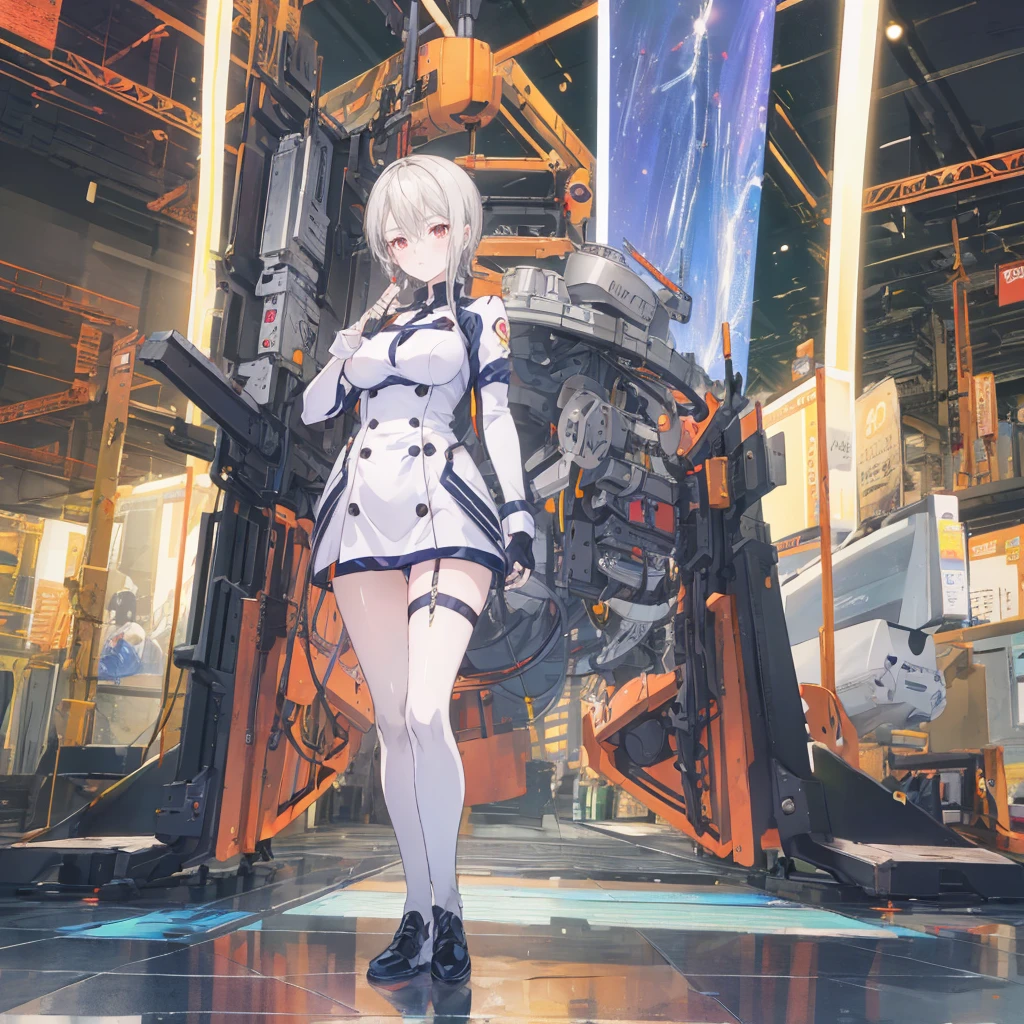((masterpiece, best quality)),illustration,Super Fine 8k,Reality,Clear focus,Very detailed,Professional lighting,Colorful Detailed,Extremely long shot of the rainbow-colored BREAK factory,Large machinery construction,Microchip,,Luminescence,Intricate details,Shitu-mecha,1 girl standing in front of the audience,Umbilical cord