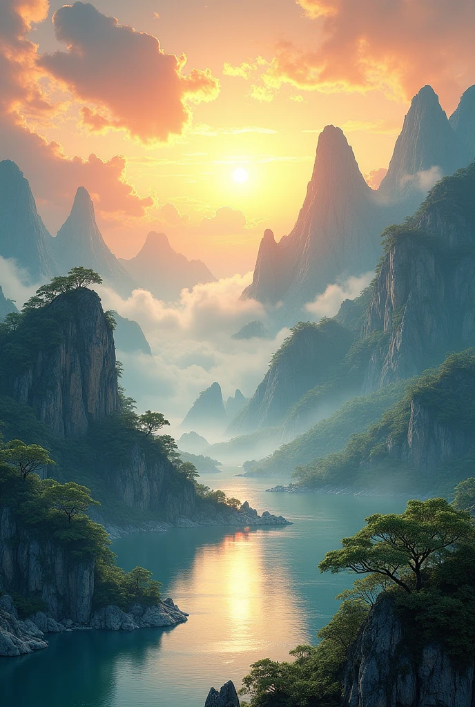 Ancient Chinese Landscape, Mountains, river, Auspicious Clouds, Sunlight, masterpiece, Super Detail, Epic creation, Ultra HD, high quality, Extremely detailed, Official Art, Unity 8k wallpaper, Super Detail, 32k -- Part 6