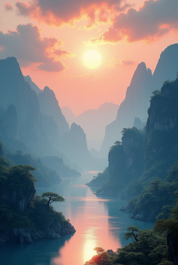 Ancient Chinese Landscape, Mountains, river, Auspicious Clouds, Sunlight, masterpiece, Super Detail, Epic creation, Ultra HD, high quality, Extremely detailed, Official Art, Unity 8k wallpaper, Super Detail, 32k -- Part 6