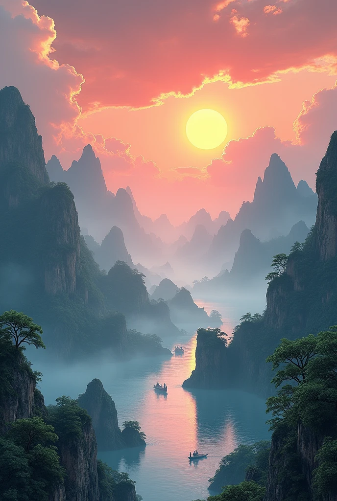 Ancient Chinese Landscape, Mountains, river, Auspicious Clouds, Sunlight, masterpiece, Super Detail, Epic creation, Ultra HD, high quality, Extremely detailed, Official Art, Unity 8k wallpaper, Super Detail, 32k -- Part 6