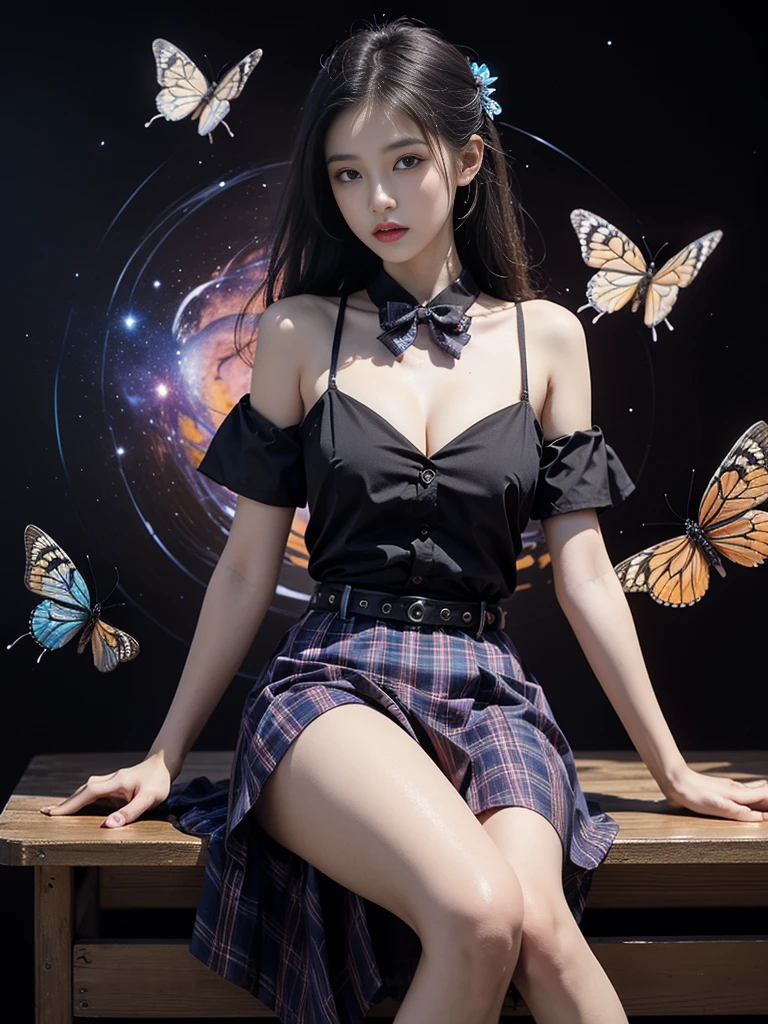 skirt,plaid necktie,belt,plaid skirt,black shirt,bowtie, Beautiful dance dynamics, Sitting，Long legs , ((Flowing long hair))Official Art , Unity8k Wallpaper , Extremely detailed , Visible cleavage, Pretty and beautiful , Sexy long legs, masterpiece , best quality ,Practical, Very detailed illustrations ,Extremely detailed , Intricate details , Extremely complex and detailed , Very detailed 8KCG wallpaper , Caustics .reflection , Ray Tracing , Devil Theme ,nebula ,Dark aura, Network Effects , (1 Girl)Solitary , 小蓝Butterfly , Dozens of monarch butterflies around , (Blue plasma flame , (insect , Butterfly)) 圣光Butterfly天使 , Butterfly翅膀 , Pastel tones in Rococo style ,Light white and light dark red , Incredibly beautiful , Cherry blossoms , Surrealism ,painting , Ethereal , Mixing reality and fantasy elements ,Ray Tracing , Complex patterns , Delicate lines , Perfect your hands, Starry Sky , rich and colorful , Star