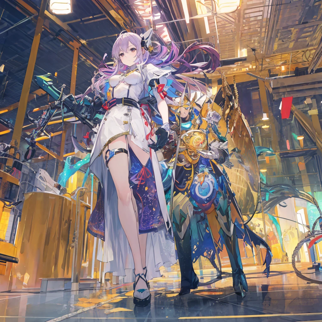 ((masterpiece, best quality)),illustration,Super Fine 8k,Reality,Clear focus,Very detailed,Professional lighting,Colorful Detailed,Extremely long shot of the rainbow-colored BREAK factory,Large machinery construction,Microchip,,Luminescence,Intricate details,Shitu-mecha,1 girl standing in front of the audience,Umbilical cord