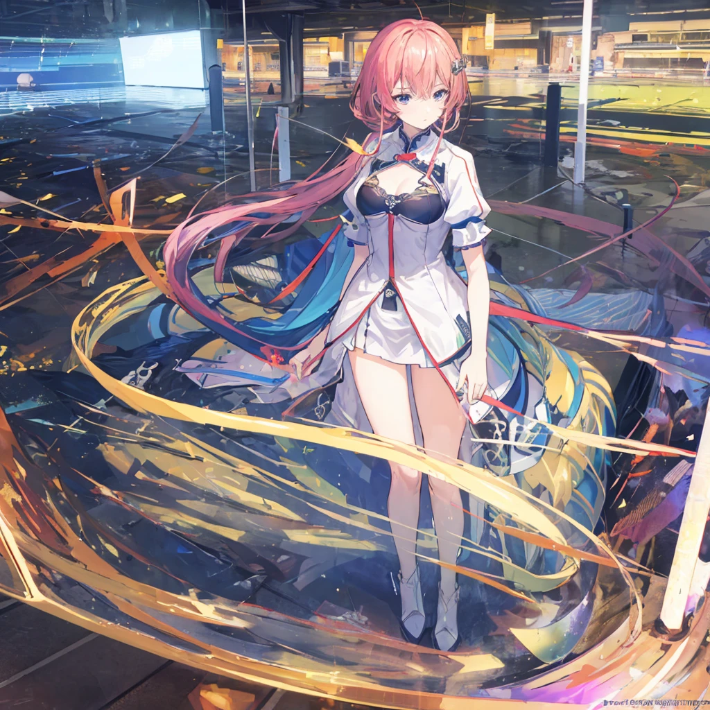 ((masterpiece, best quality)),illustration,Super Fine 8k,Reality,Clear focus,Very detailed,Professional lighting,Colorful Detailed,Extremely long shot of the rainbow-colored BREAK factory,Large machinery construction,Microchip,,Luminescence,Intricate details,Shitu-mecha,1 girl standing in front of the audience,Umbilical cord