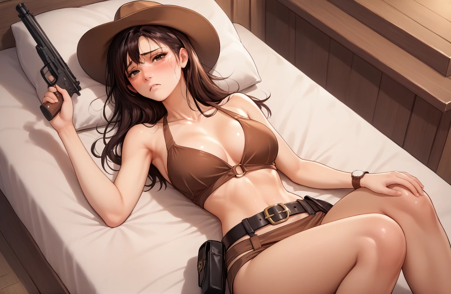 Japanese Beauty,Brown Bikini,(Wear a gun belt with a gun in a holster around your waist),Wear western boots,Brown cowboy hat and watch on wrist,Being drunk,sad,Open your eyes and look here,indoor,Above the knee shot,Lying in bed,Ultra-high resolution,16K