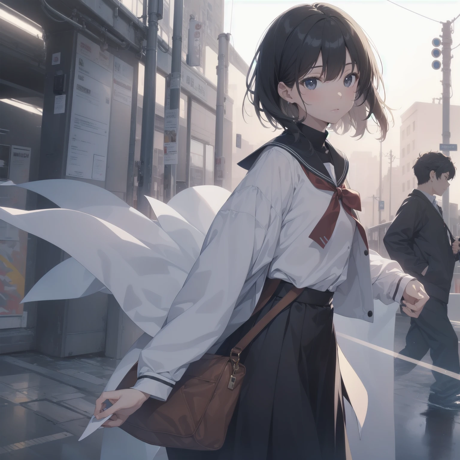 ultra-absurdres-Top quality by artist God, ultra-detailed, high resolution, anime moe artstyle, best anime 8k konachan wallpaper, pixiv contest winner, pool:2810, perfect anatomy,break, 1girl, (Please draw a girl walking sleepily to school alone. )break,(Solo,little female, 13-year-old:1.3),Full limbs, complete fingers,a junior high school student, (very short hair), short cut, flat chest, , small butt, small black eyes, beautiful detailed eyes, well-proportioned iris and pupils, expressive eyes, highres detailed hair, soft expression, salor school_uniform, sailor collar, serahuku, bow, pleated skirt,(Detailed Lighting), (Detailed background), in the School commute route. break,super detailed skin, Best cinematic lighting powered by famous artist, 8k,beauty illustration,photoshop_(medium),very aesthetic,break,((artist:ishikei )), artist:clamp ,artist:carnelian ,artist:kantoku ,