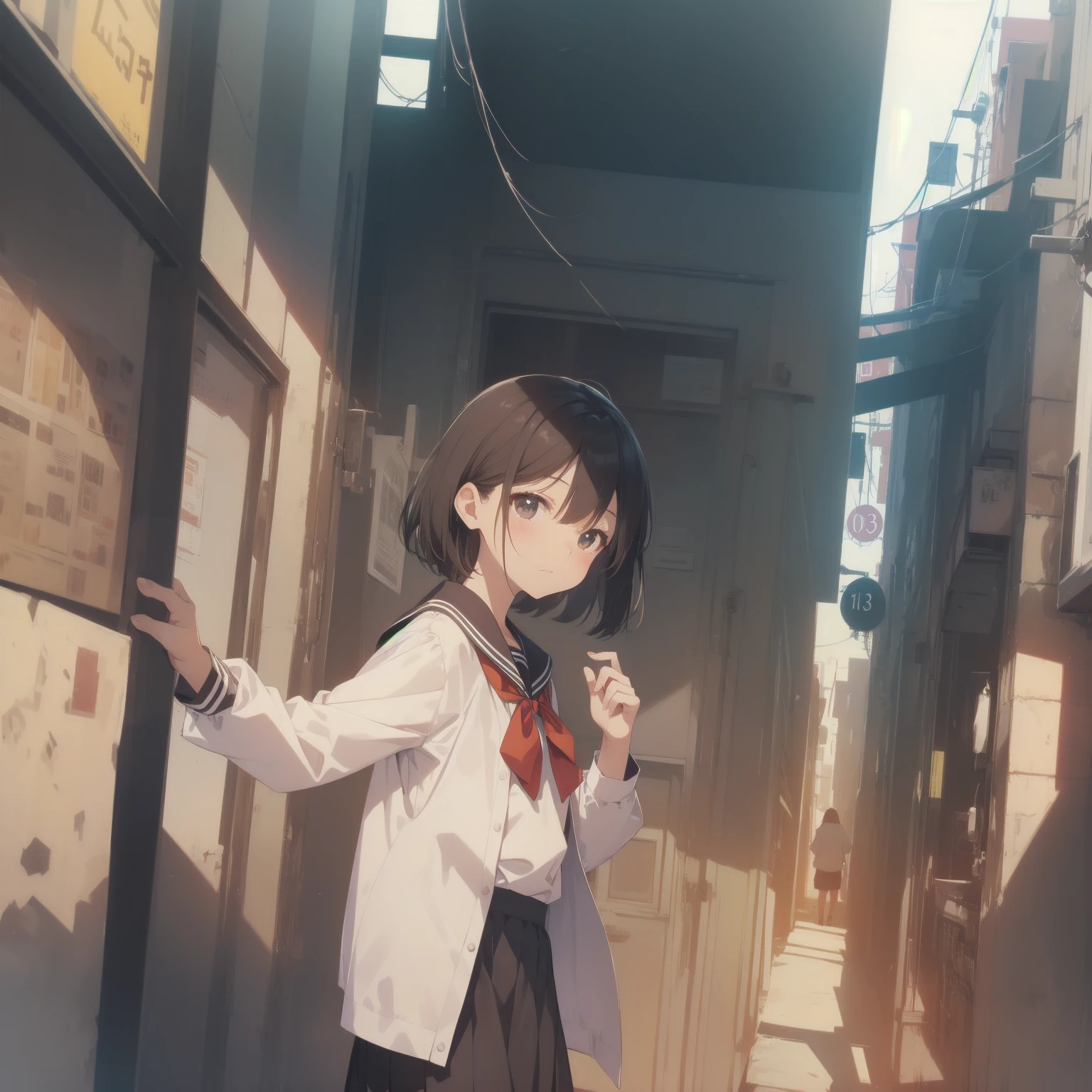 ultra-absurdres-Top quality by artist God, ultra-detailed, high resolution, anime moe artstyle, best anime 8k konachan wallpaper, pixiv contest winner, pool:2810, perfect anatomy,break, 1girl, (Please draw a girl walking sleepily to school alone. )break,(Solo,little female, 13-year-old:1.3),Full limbs, complete fingers,a junior high school student, (very short hair), short cut, flat chest, , small butt, small black eyes, beautiful detailed eyes, well-proportioned iris and pupils, expressive eyes, highres detailed hair, soft expression, salor school_uniform, sailor collar, serahuku, bow, pleated skirt,(Detailed Lighting), (Detailed background), in the School commute route. break,super detailed skin, Best cinematic lighting powered by famous artist, 8k,beauty illustration,photoshop_(medium),very aesthetic,break,((artist:ishikei )), artist:clamp ,artist:carnelian ,artist:kantoku ,
