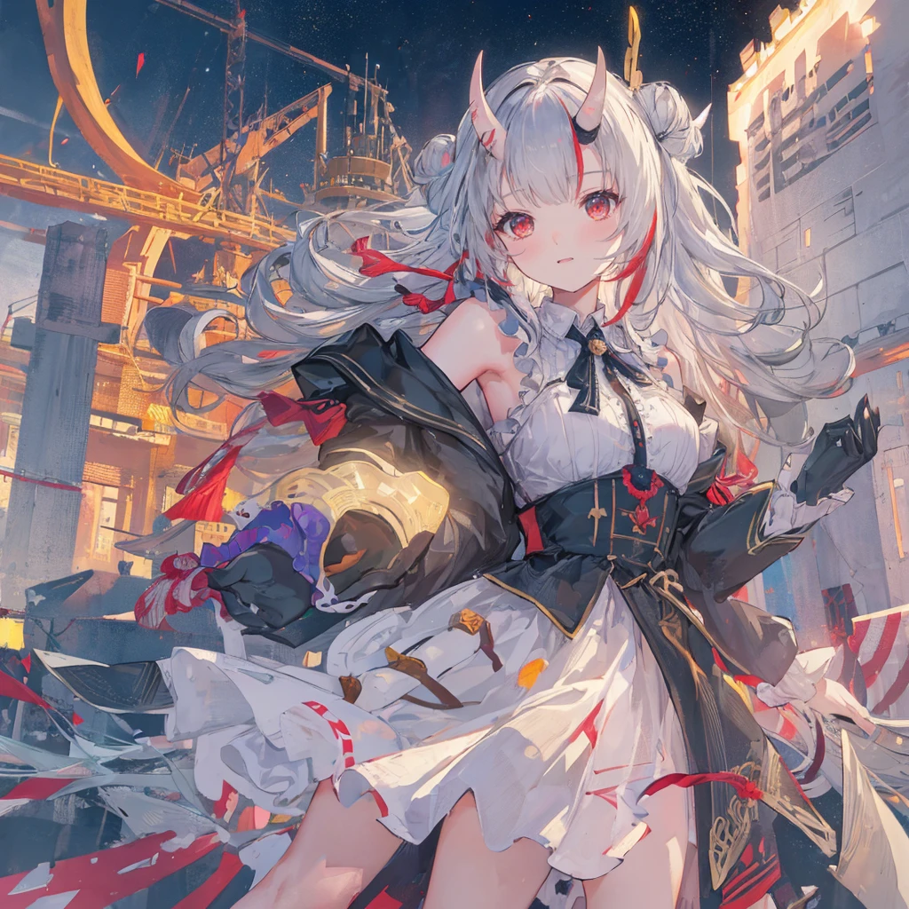 ((masterpiece, best quality)),illustration,Super Fine 8k,Reality,Clear focus,Very detailed,Professional lighting,Colorful Detailed,Extremely long shot of the rainbow-colored BREAK factory,Large machinery construction,Microchip,,Luminescence,Intricate details,Shitu-mecha,1 girl standing in front of the audience,Umbilical cord