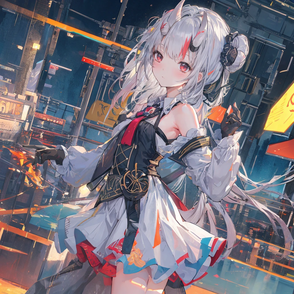 ((masterpiece, best quality)),illustration,Super Fine 8k,Reality,Clear focus,Very detailed,Professional lighting,Colorful Detailed,Extremely long shot of the rainbow-colored BREAK factory,Large machinery construction,Microchip,,Luminescence,Intricate details,Shitu-mecha,1 girl standing in front of the audience,Umbilical cord