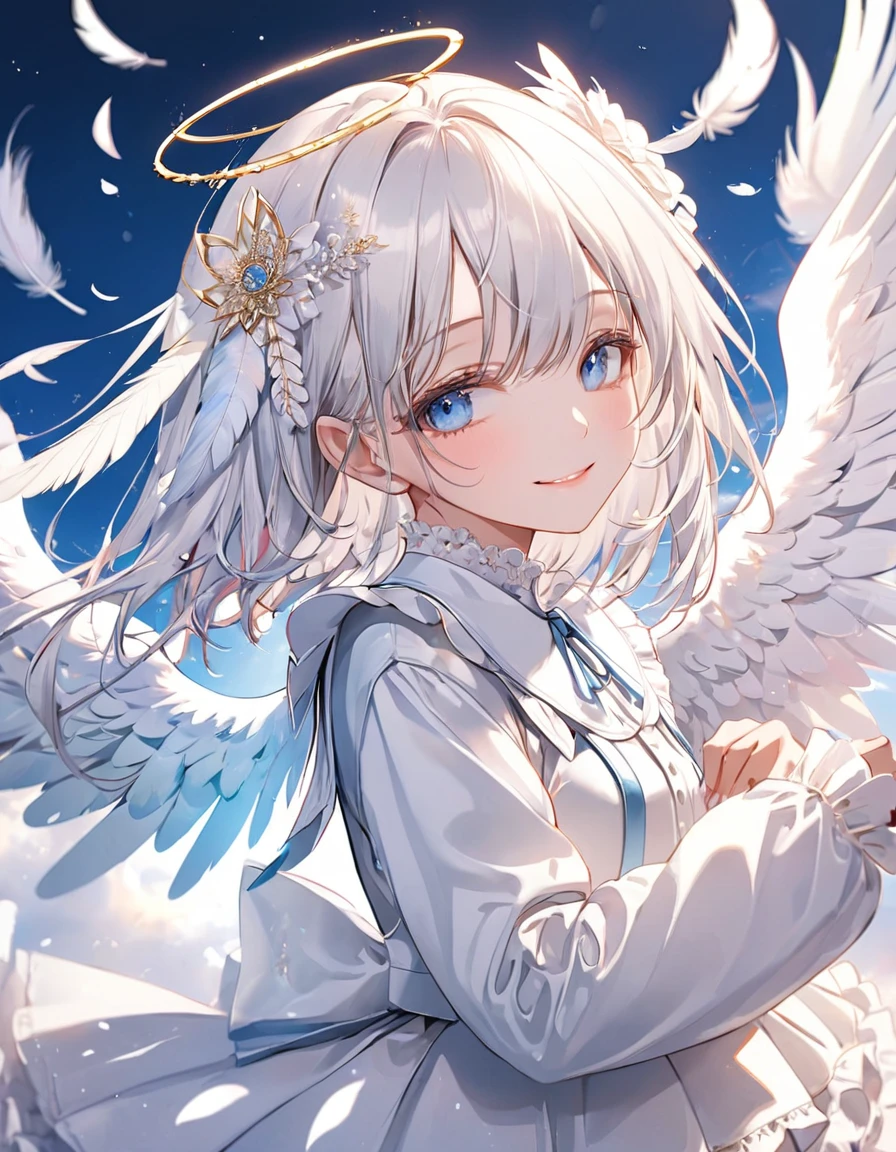 (anime art),(top-quality),(masterpiece),(4K anime style),delicately drawn face,1 girl,((solo)),(1 female angel with a sense of transparency),(beautiful detailed angel wings),flapping,fluttering feathers,beautiful detailed blue eyes,white lolita fashion,((detailed long sleeve white costume)),(detailed white tiered skirt),(beautiful silky white hair:1.2),captivating smile,abstract,a beautiful artistic illustration,((white feathers floating in the background)),cowboy shot