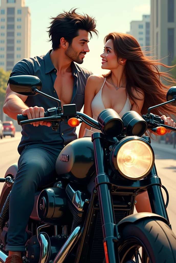 A skinny fat boy holding on to the waist of brunette with curly hair, big breasts, while riding a 1980s royal einfield across the city