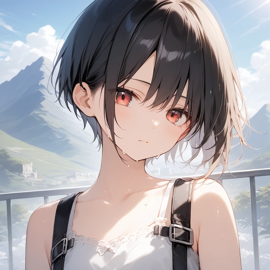 score_9, score_8_up, score_7_up, source_anime, best quality, masterpiece, official art, absurdres, highres, ultra-detailed,waifu2x,Collection: Pixiv 1000,break,1girl, tomboy, school girl, very short hair, pixie cut, small breasts, slender, thighs, beautiful detailed eyes,  expressionless, sweat, sleepily, (disgust:0.3), mountain, outdoors, break,(clear line illustration:1.2), super detailed skin, shiny skin, very high resolution, very aesthetic, Best sexual lighting powered by famous artist, 4k, 8k, 16k, cute picture, beauty illustration,photoshop_(medium),,(Detailed Lighting),best anime 8k konachan wallpaper, pixiv contest winner, 