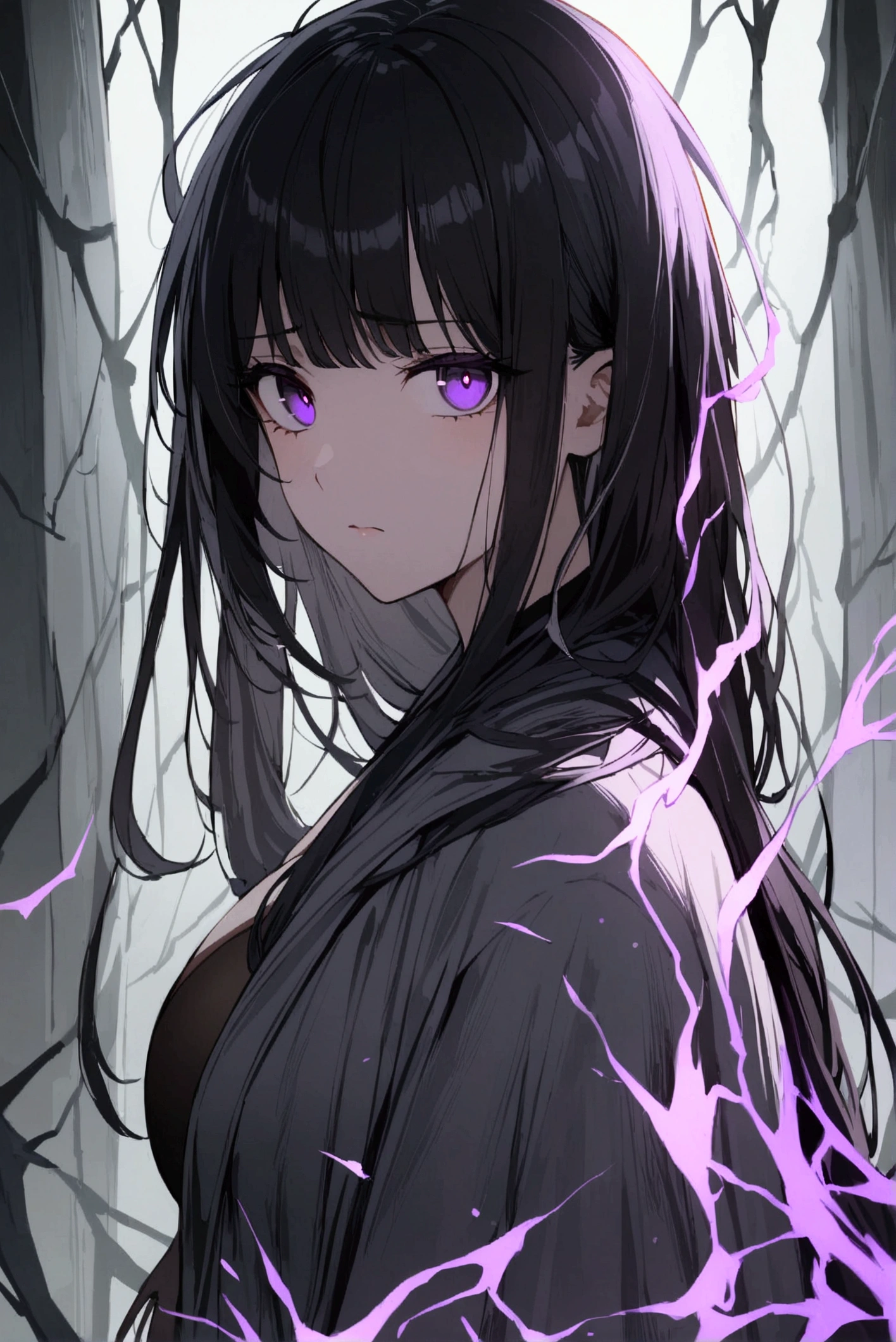 1 woman, alone, dark room, long hair, black hair, purple eyes, long bangs, Gray robe, dismal, big tits, looking at viewer, black stockings, a confused expression