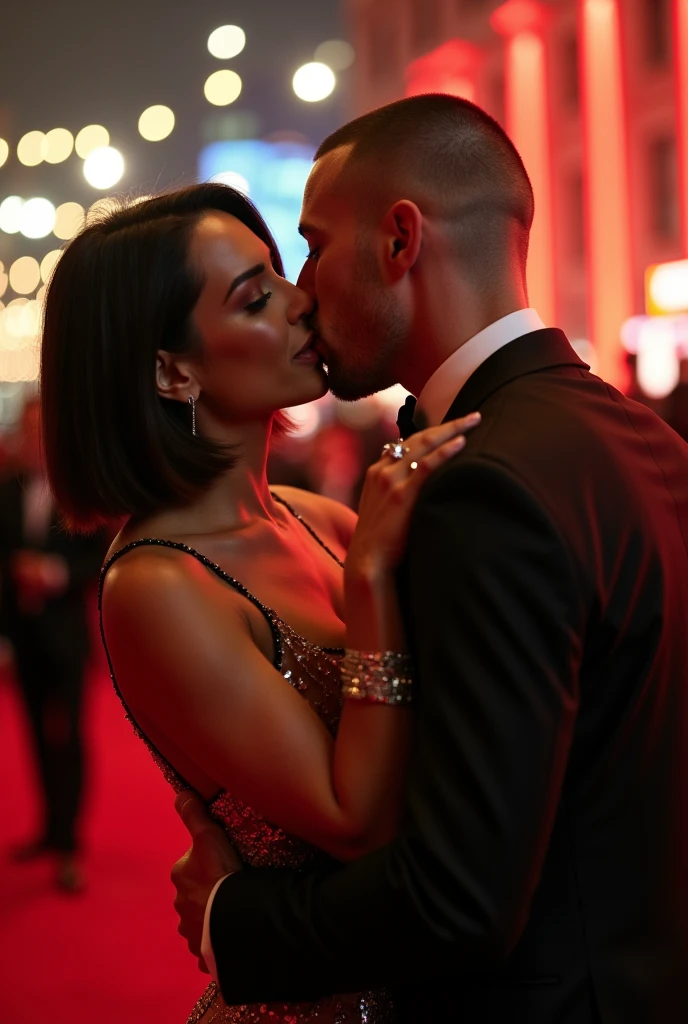 michelle rodriguez hot with bob cut kissing a man with buzz cut at cheek at movie premier
