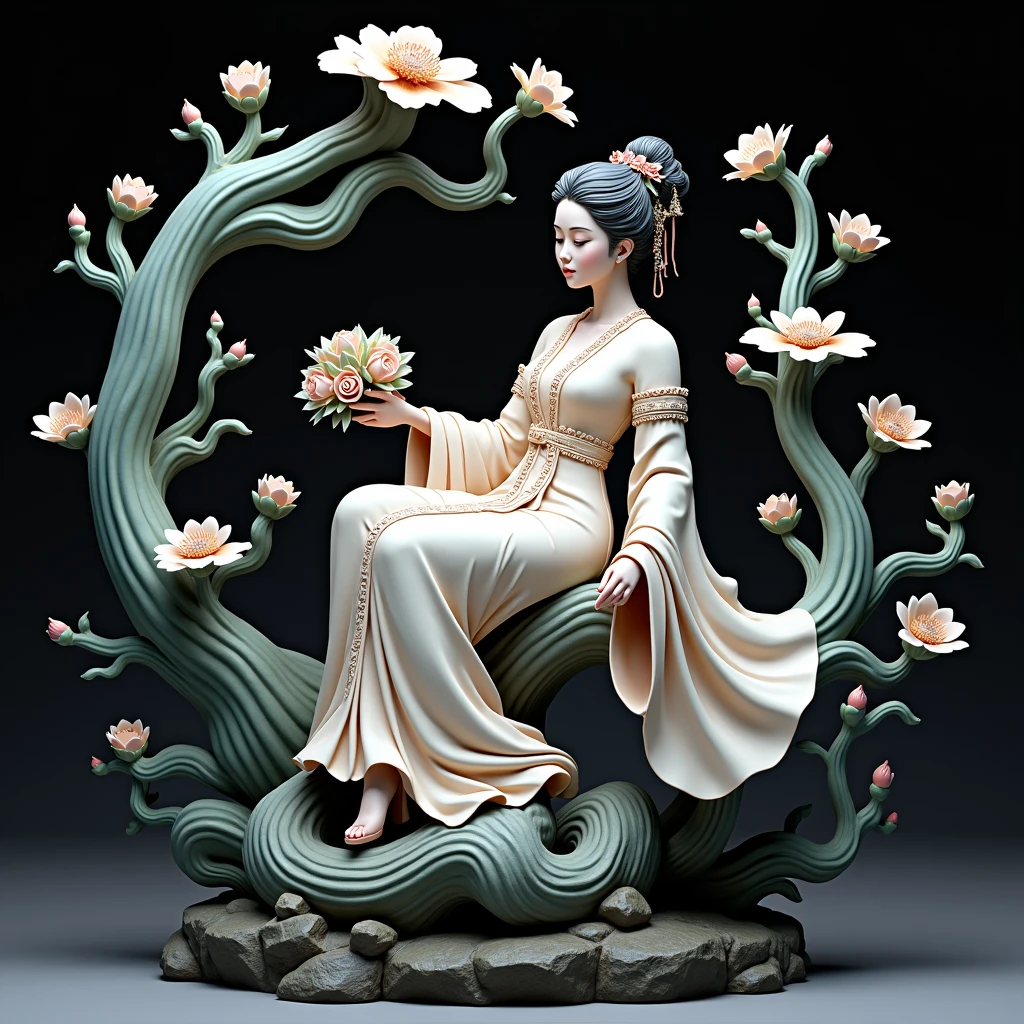 High Quality Fantasy Artifact Concept Art, Simple background, Ceramic Chinese Girl, Carved high-end porcelain, complicated, Gorgeous, 8K