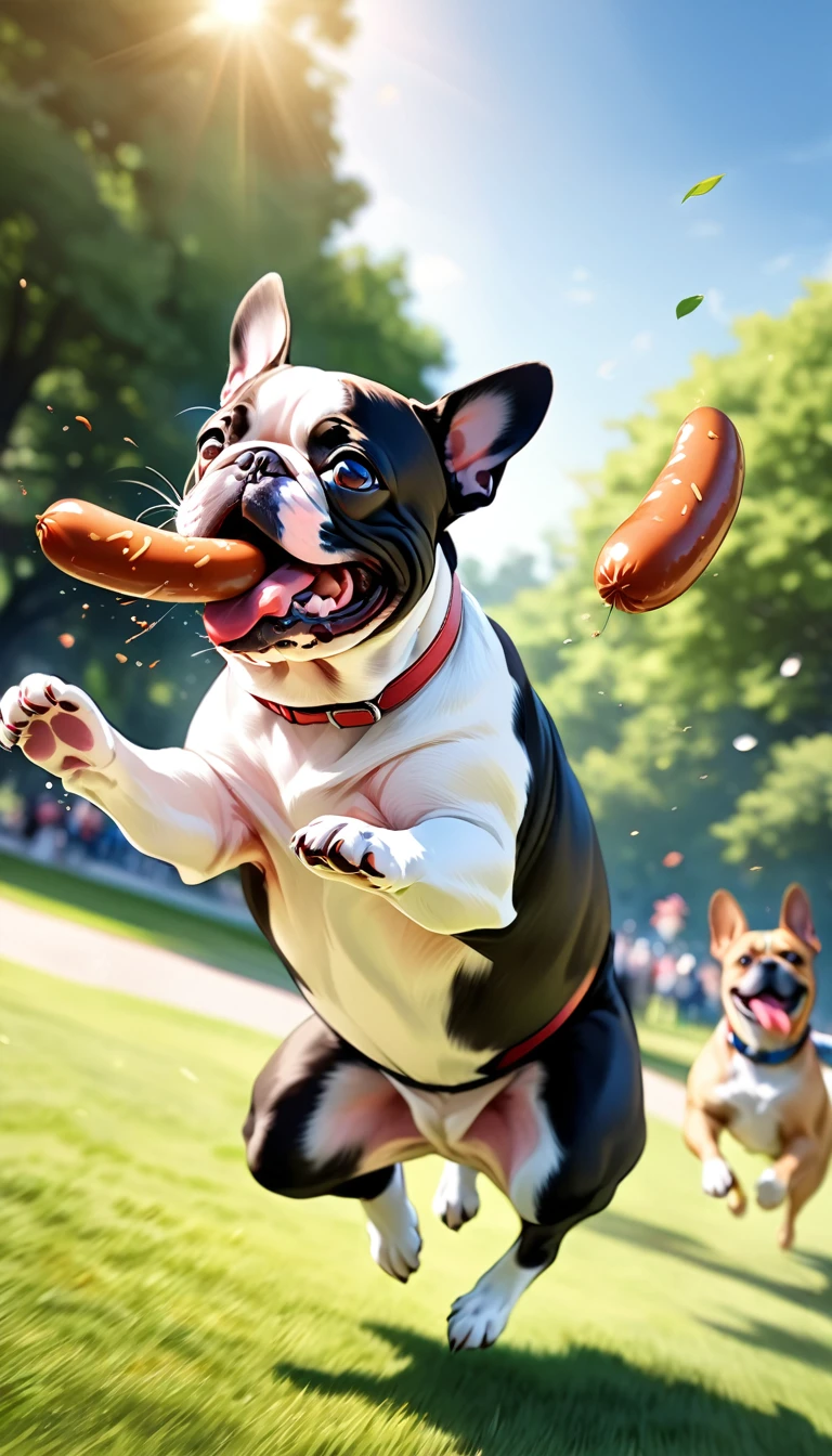 Dog jumps to catch a flying sausage, （French Bulldog）、Trying to take a big bite, Very detailed, Beautiful park background, Dynamic Action, Dramatic Motion Blur, Realistic, 8k, Very detailed, Vibrant colors, Professional photography
