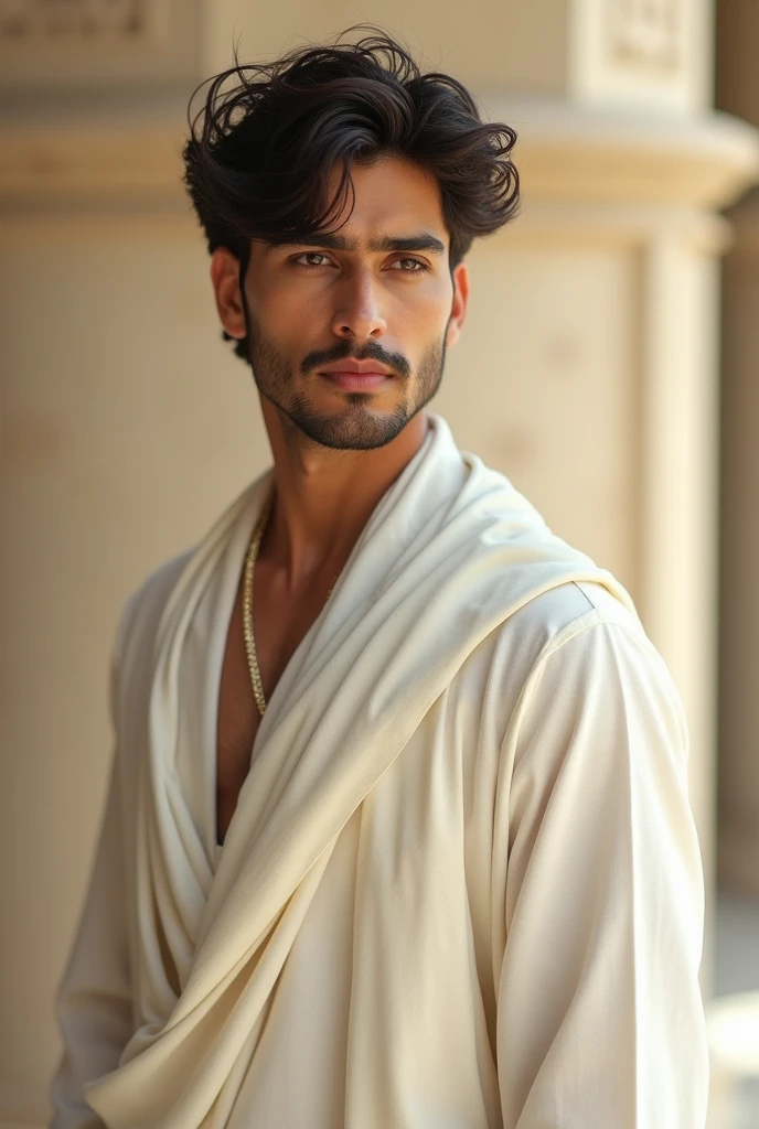 The philosopher sits on a stone bench in the same courtyard, his expression troubled as he looks down at a letter in his hand. His features, once calm, now show a hint of sorrow as he reflects on the betrayal by a close friend. His tunic still gently drapes over his body, revealing parts of his tanned chest, as his wavy hair catches the light of the setting sun. The close-up shot emphasizes the emotion in his face, using the Canon EOS R5, Sigma 50mm f/1.4 DG HSM Art Lens, and Octane Render for a hyper-detailed, photorealistic effect in 8K resolution.