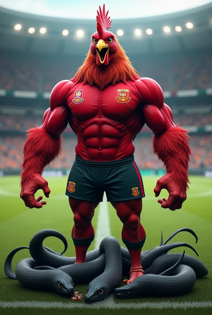 Muscular rooster dressed up in red NRL uniform standing in the rugby field with injured muscular ocean eels dead on the ground
