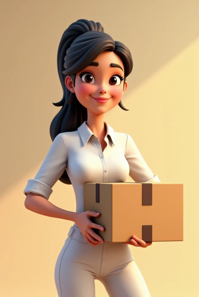 Create a 3D illustration that represents a woman who works in shipping, with the following elements: The character is a woman with long, dark hair, styled in a ponytail . She is dressed in a white wet shirt and white pants, conveying an image of simplicity and professionalism. In her right hand, she holds a cell phone, showing engagement and connectivity with her work. In her left hand, she holds a box, symbolizing the delivery process. The character must be smiling in a welcoming and trustworthy way, with an expressive look that conveys security and efficiency. The illustration design must follow the visual patterns characteristic of PIXAR cartoons, with smooth lines, realistic textures and lighting that enhances the details of the scene.