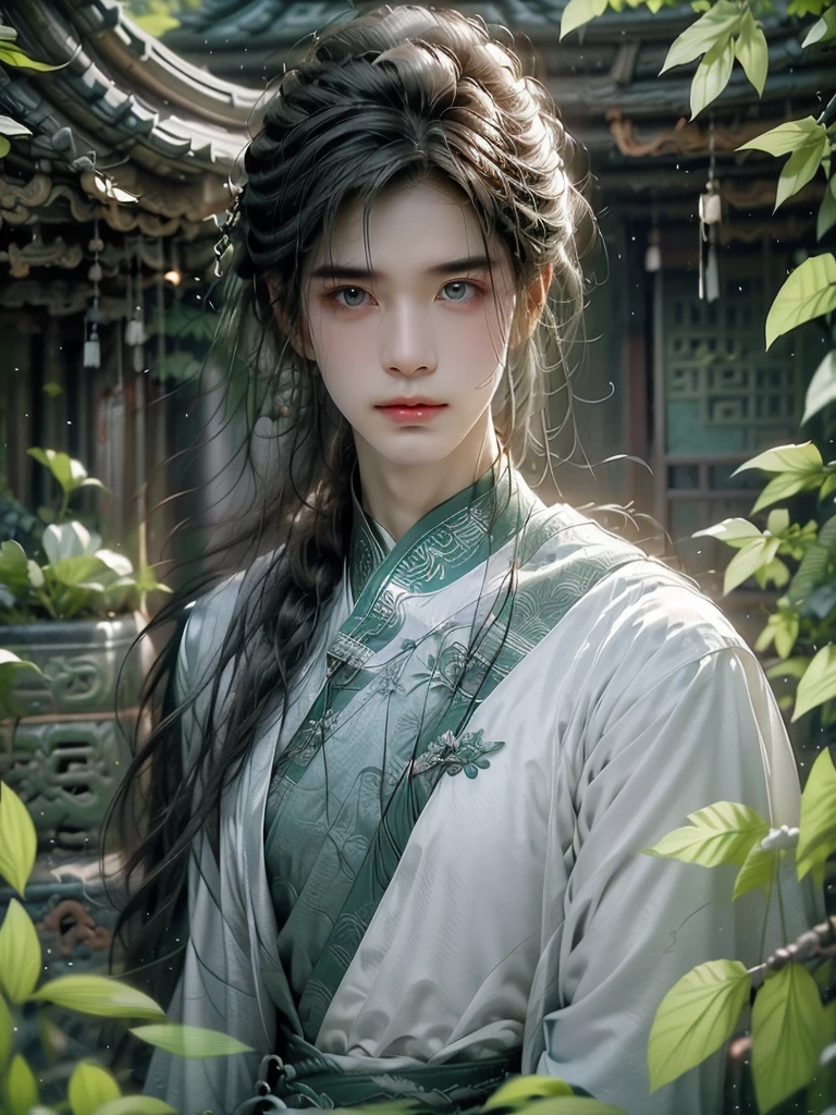 A man in white，forest backgrou，Ancient Chinese style, Androgynous young man, beautiful, Xianxia, Silver needles, green plants around, relaxed posture, masterpiece, 8k , 