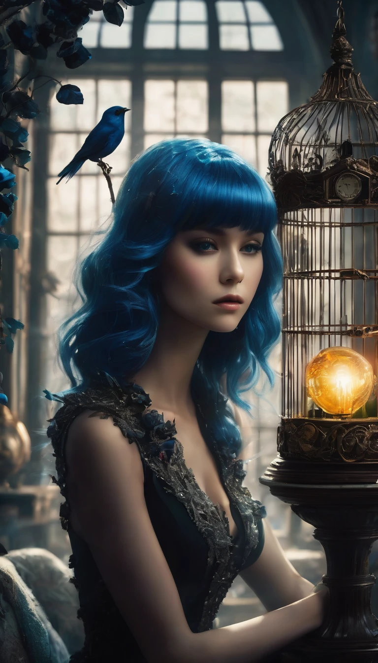 Image of forests of clocks interspersed with forests of thorns, dark, gloomy, mysterious but full of magic, shimmeringly beautiful, in the distance there is a giant birdcage surrounded by climbing black roses, a blue hair beautiful girl sitting on the sofa inside the bird cage, cinematic color, 16K, UHD
