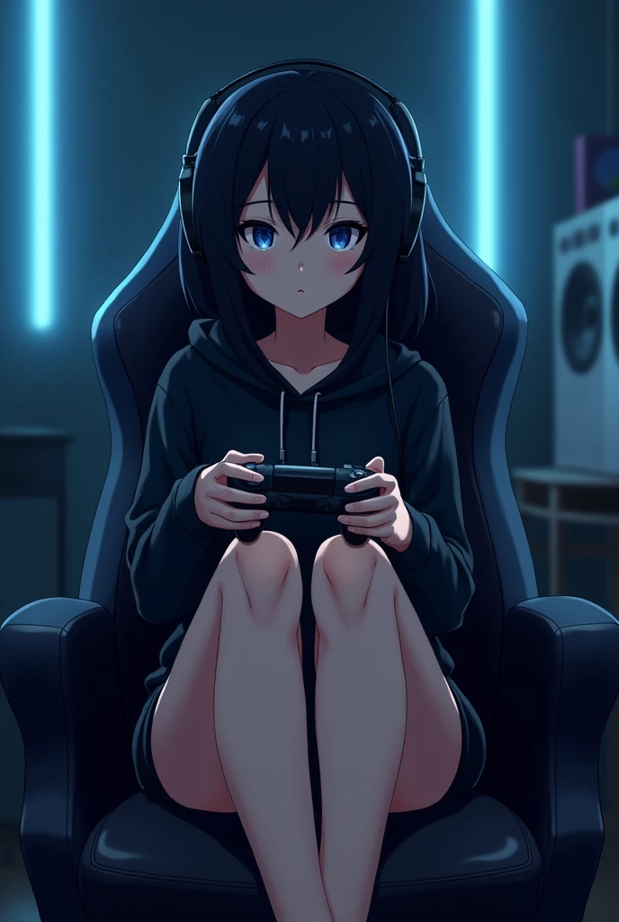 Anime Style. A girl tall in her twenties with black hair, black eyes, black hood covering her head and headphones on her. The girl is barefoot. The girl's feet are on the gamer chair. In her right hand is a PlayStation controller. The background is a darkened gamer room, with low intensity light blue LED lights. The girl is sitting on a gamer chair. Five fingers