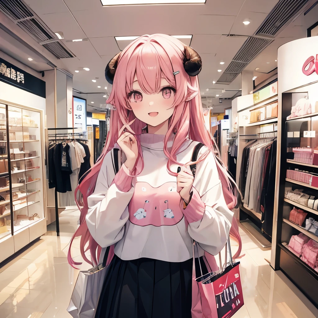 An anime-style illustration of ‘Fua-chan’ shopping for clothes. Fua-chan has distinctive features: long pink hair styled in soft curls resembling sheep’s horns, and pink eyes. She is depicted walking through a stylish clothing store, holding a few hangers with different outfits, and looking excited as she considers her choices. She is wearing fashionable and casual attire suitable for a day of shopping. The background shows a well-lit, trendy store interior with racks of clothes, mirrors, and other shoppers, creating a vibrant and lively atmosphere as Fua-chan enjoys her shopping experience.