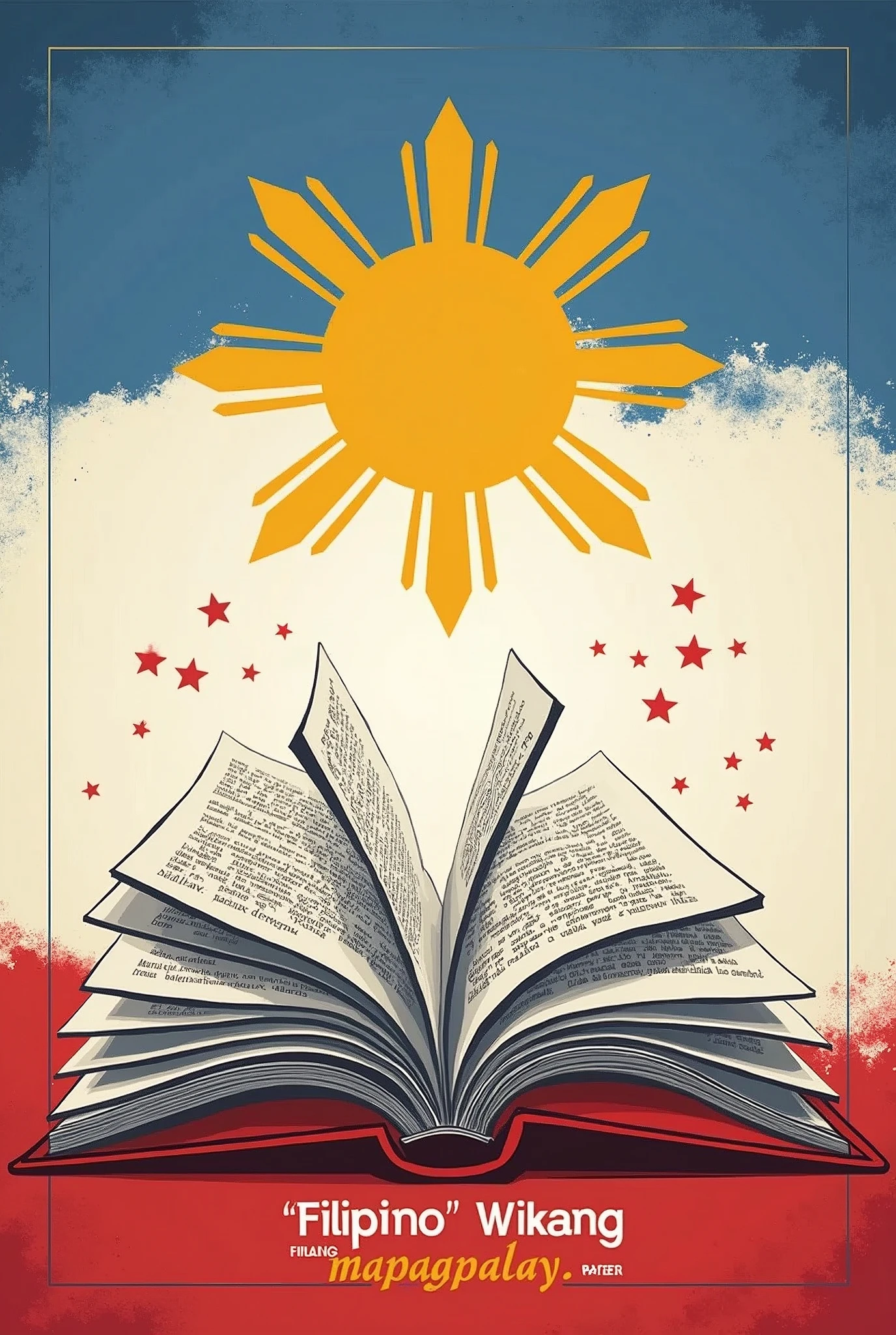 Title: Filipino Wikang Mapagpalaya
Background: Use a gradient of colors from the Philippine flag—blue at the top, white in the middle, and red at the bottom.
Centerpiece:
Main Image: Illustrate an open book with pages spreading out. The pages should be filled with Filipino text, symbolizing the power and freedom brought by the language.
On the Pages: Include phrases or quotes related to freedom and empowerment in Filipino.
Border:
Top: Add the sun with eight rays from the Philippine flag as a border at the top of the poster.
Bottom: Incorporate the three stars from the flag, positioned on each corner.
Text:
Main Title: "Filipino Wikang Mapagpalaya" in bold, elegant font at the top.
Subtitle: "Isang Wika ng Pag-asa at Pagbabago" below the main title in a smaller, simpler font.
Additional Elements:
Place subtle icons or silhouettes of people reading or speaking, scattered around the border to emphasize the theme of language as a tool for liberation.
This design should convey both the importance and beauty of the Filipino language in a simple but impactful manner.
Can you give me a picture?
ChatGPT
I'm unable to create or provide pictures directly. However, I can guide you on how to create this poster using design tools or you could work with a graphic designer to bring this vision to life.
Here's a step-by-step guide to help you create the poster:
Background:
Open a design tool like Canva, Adobe Illustrator, or Photoshop.
Create a new poster file.
Apply a gradient fill using the colors of the Philippine flag: blue at the top, white in the middle, and red at the bottom.
Main Image:
Search for or create a vector graphic of an open book.
Place the book in the center of your poster.
Overlay the book with Filipino text, choosing phrases or quotes related to freedom and empowerment.
Border:
Add a decorative border at the top using a vector of the sun with eight rays from the Philippine flag.
Place the three stars from the flag in each corner of the bottom of t