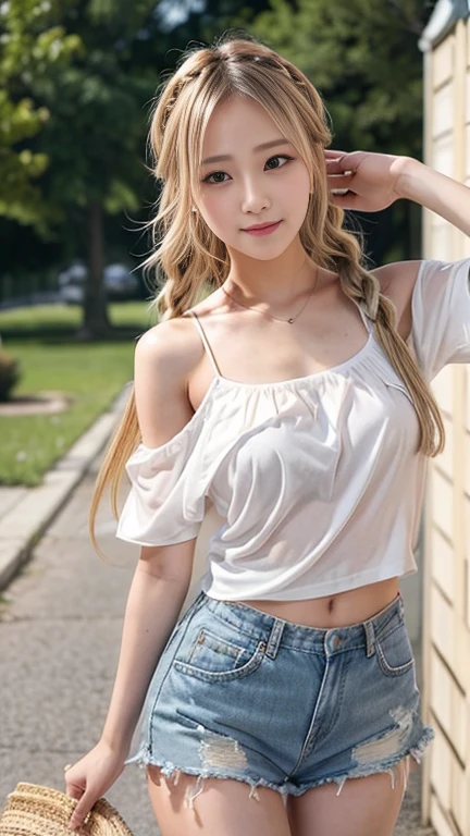 Sexy cute looks and cute 15 year old beautiful girl, Beautiful and sexy face、A strong wind blows my hair in front of my face、Blonde French braids with cute and sexy eyes hidden by long bangs、Off-the-shoulder T-shirt、Tulle miniskirt