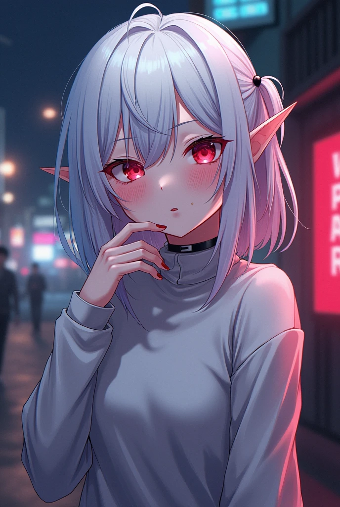 1 Girl, (Solitary), Anime girl with white hair and red eyes, White hair girl, girl in white turtleneck sweater, ((Eye mask)), Pointed ears, ((vampire)), giggle, smug, Shut up, Cowboy shooting, Perfect white-haired girl, White-haired deity, Digital Cyberpunk Anime Art, turtleneck sweater, lens flare, ((Dramatic Lighting)), Soft and shiny red eyes, Extremely detailed, masterpiece, Looking at the audience, City background, (night)