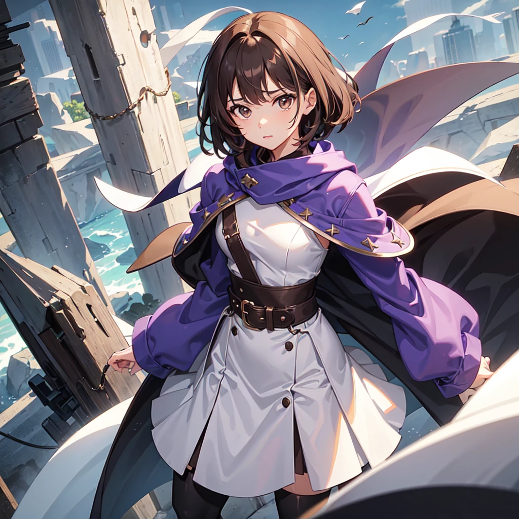1 girl, short dark brown hair, brown eyes, wearing white long sleeve tops, long green skirt and purple cape, brown belt, black plain boots, high res, ultrasharp, 8k, masterpiece