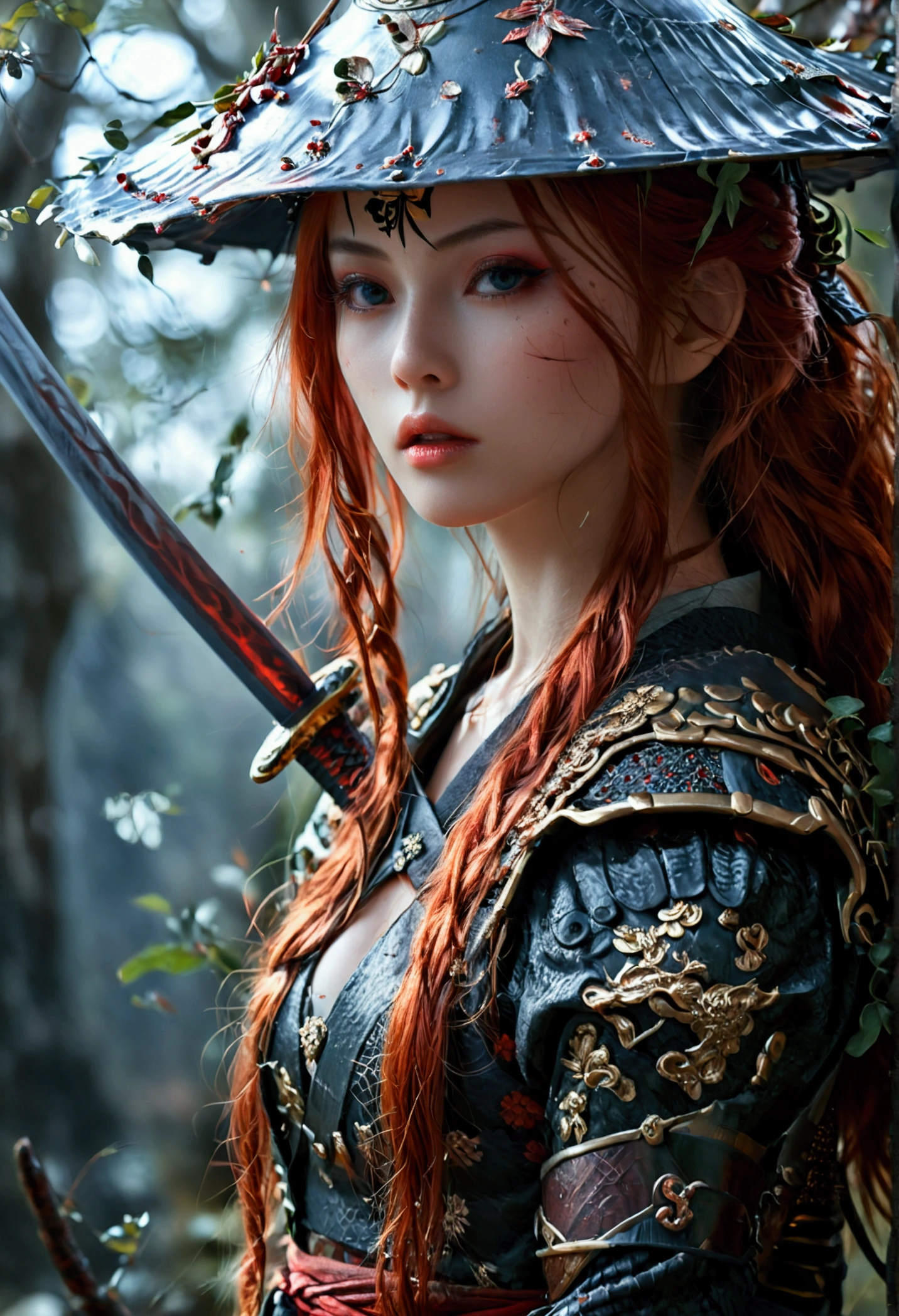 (8k, best quality, masterpiece:1.2), (photorealistic:1.4), RAW photo, best quality, ultra high res, best shadow, (full body:1.4), A female with long red hair, japanese armor, Samurai Sword, massive scale stunning environment, horror, dark horror, highly detailed facial features, beautiful and flawless face, perfect eyes