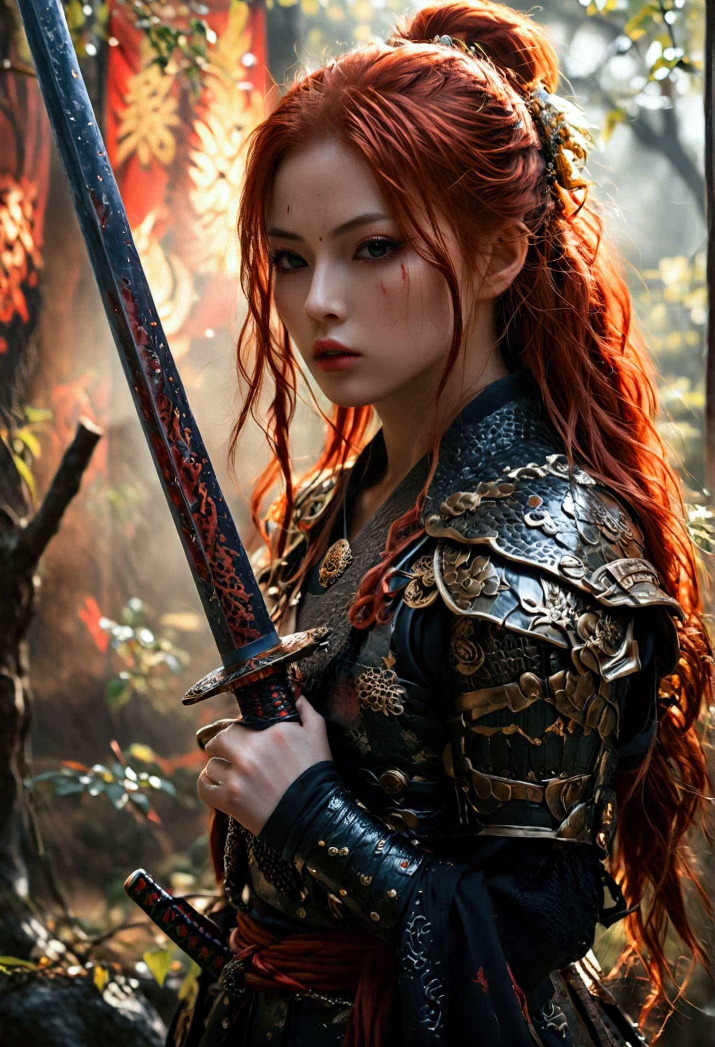 (8k, best quality, masterpiece:1.2), (photorealistic:1.4), RAW photo, best quality, ultra high res, best shadow, (full body:1.4), A female with long red hair, japanese armor, Samurai Sword, massive scale stunning environment, horror, dark horror, highly detailed facial features, beautiful and flawless face, perfect eyes, long and sexy legs