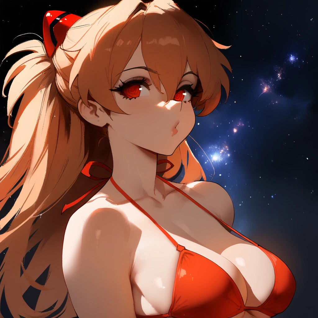 1girl, souryuu asuka langley, neon genesis evangelion \\\\\ masterpiece, best quality, very aesthetic, absurdres, newest \\\\\\ simple background, space background. bikini, greenery, ,  slim body,///// ,by nyantcha, , cutesexyrobutts,khyle ,,////// 18 years old girl,thin waist ,,solo, , stars, @_@, portrait, ,detailed face, , bare neck.